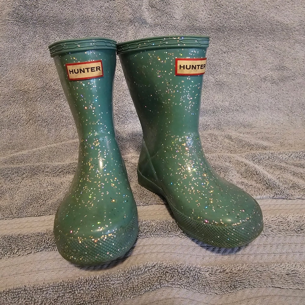 Hunter Kids First Classic Glitter Rain Boots Green US 7B/8G UK 6 EU 23